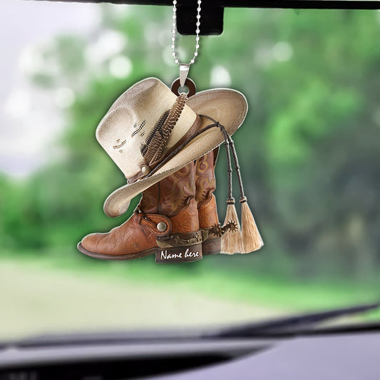 Personalized Boots And Hat Cowboy Flat Acrylic Car Hanging Ornament OO0054