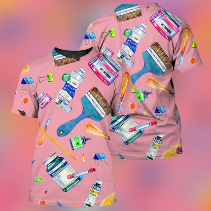 3D All Over Print Pink Art Teacher Pattern Shirt, Perfect Shirt for Women, Teacher Shirt TO3353