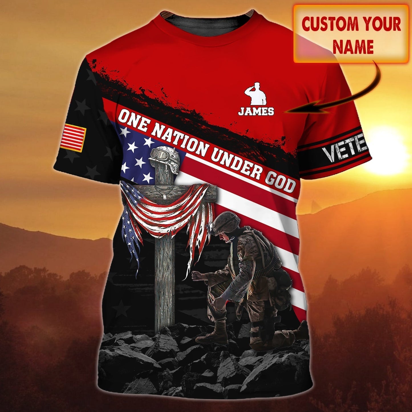 Personalized With Name One Nation Under God 3D Tee Shirt, Veteran Patriotice American Full Print Shirts TO0628