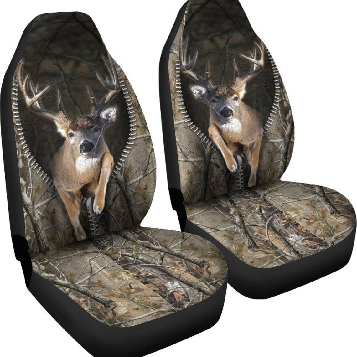 3D All Over Printed Deer Hunting Zipper Camo Car Seat Covers, Front Carseat Cover With Deer Hunting SO0141