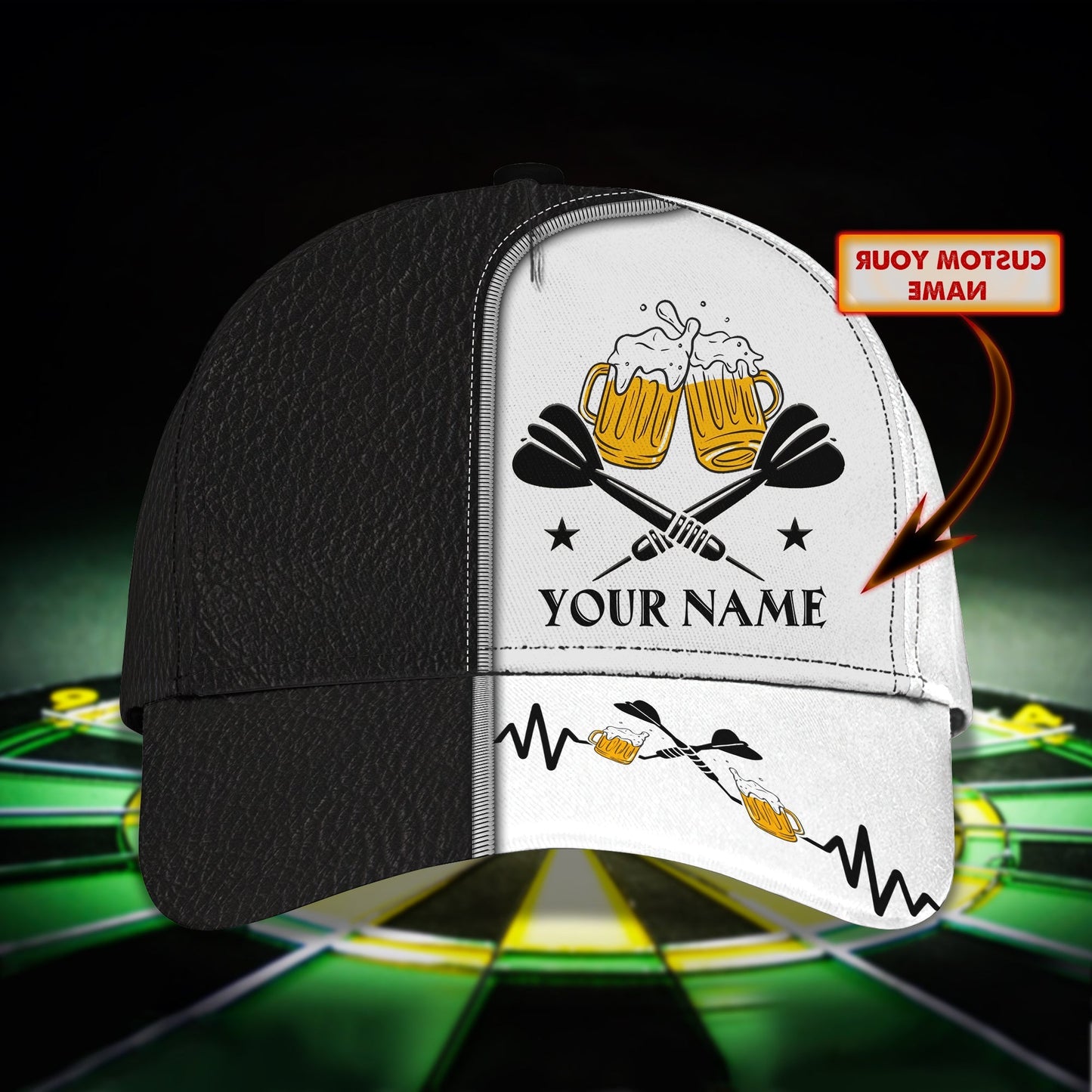 Customized Darts 3D Baseball Cap for Men and Women, Black White Dartboard, Dart and Beer Cap CO0085