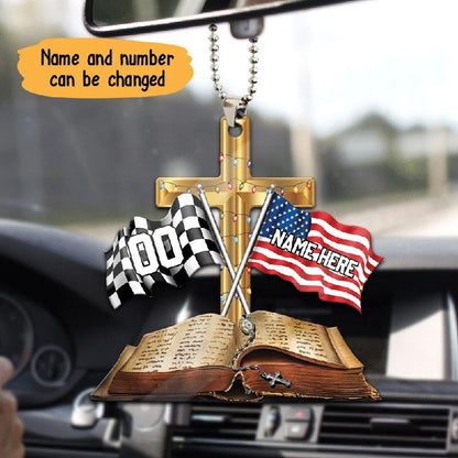 Personalized Racing Us Flag Cross Car Hanging Ornament OO0130