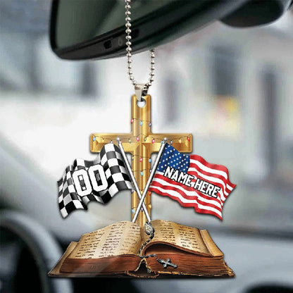 Personalized Racing Us Flag Cross Car Hanging Ornament OO0130