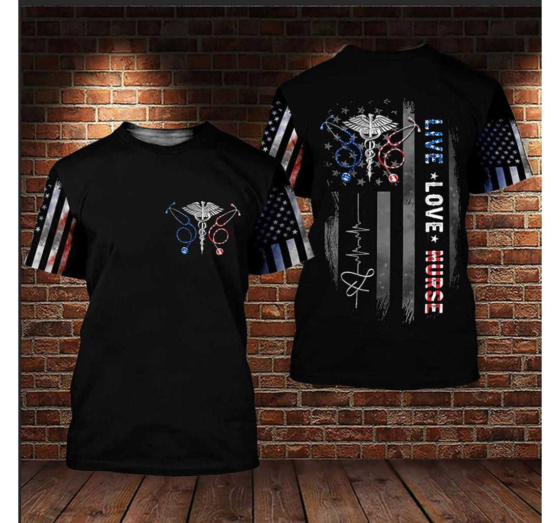 Live Love Nurse American Flag Pattern 3D Shirt, Flag Heart Beat Shirt, Nurse Uniform TO3257