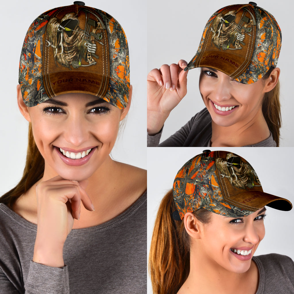 Custom Bow Hunting Classic Cap Orange Leather Camo Pattern Baseball Hunting Cap Hat CO0636