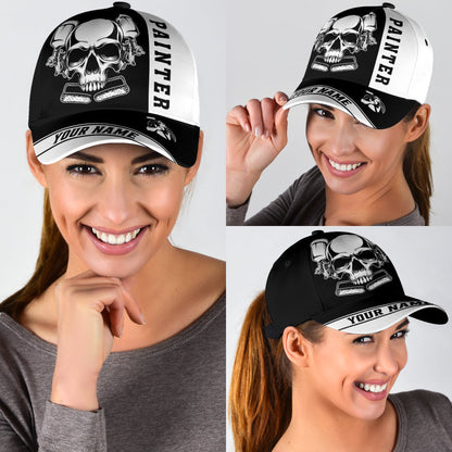 Custom Name Painter Classic Cap Black Skull, Painter Skull Hat Men Women CO0675