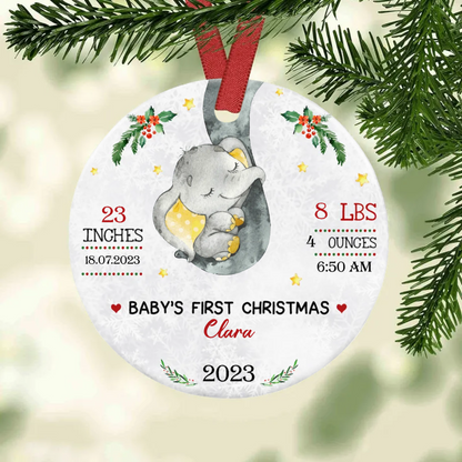 Baby First Christmas Information with Multicolor Elephant Circle Ceramic Ornament SO1158