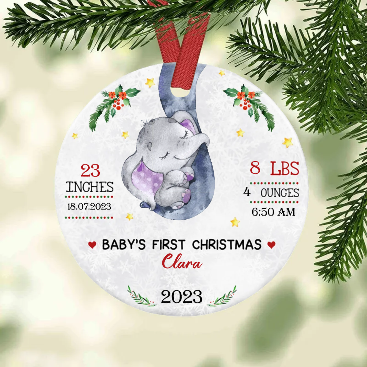 Baby First Christmas Information with Multicolor Elephant Circle Ceramic Ornament SO1158