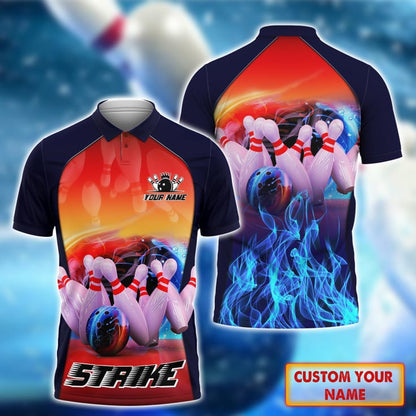 Personalized Bowling Strike On Fire 3D Polo Shirt, Custom Name Bowling Shirt For Men, Bowling Polo Shirt SO0814