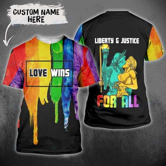 Personalized Rainbow 3D Shirt For Pride Month, Lgbt Love Wins Liberty And Justice For All 3D Tshirt LO0881