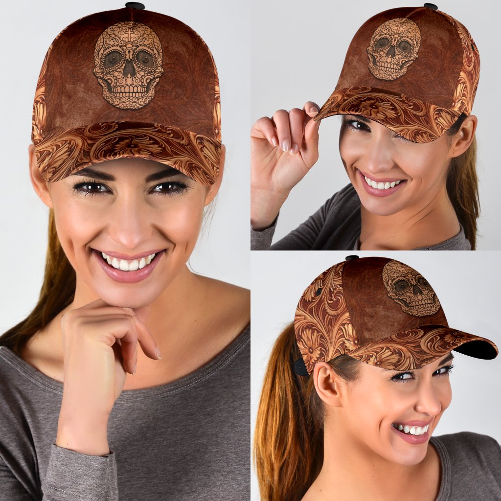 3D Skull Classic Cap Hat Brown Leather Pattern Skull On Cap Hat For Him Her CO0652