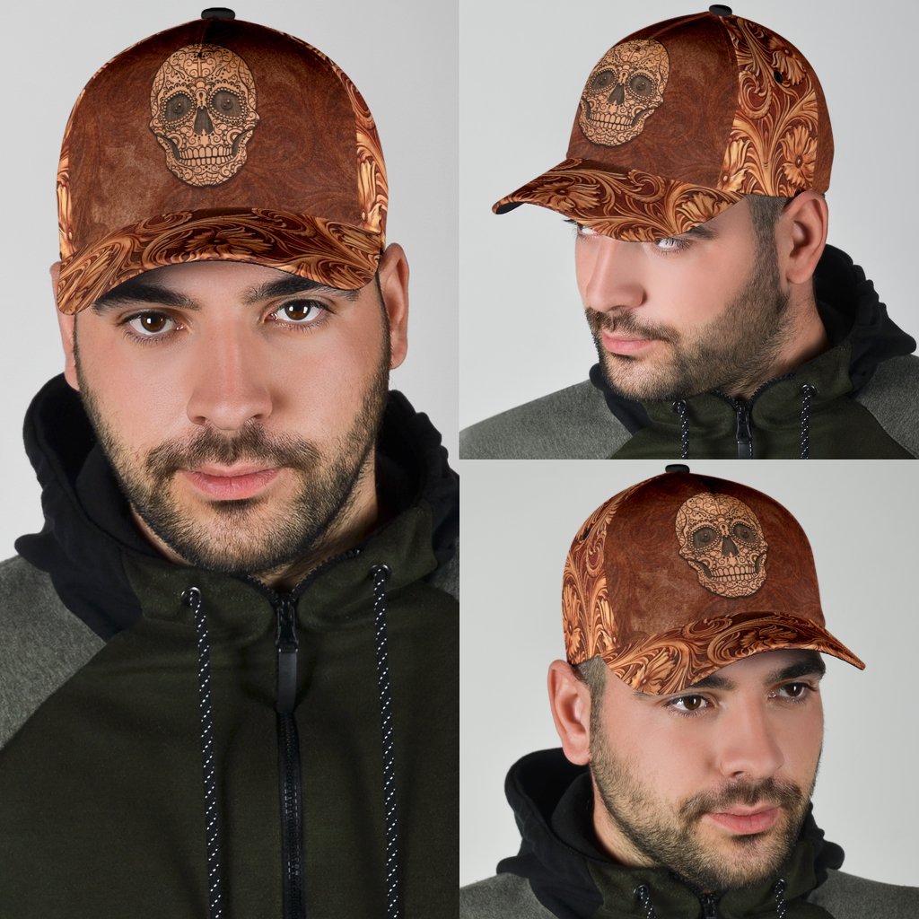 3D Skull Classic Cap Hat Brown Leather Pattern Skull On Cap Hat For Him Her CO0652