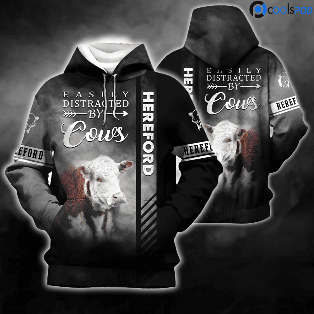 Hereford Cattle Lovers Easily Distracted By Cows 3D Hoodie Farm Lover Apparel Animal Hoodie Men Women SO1531