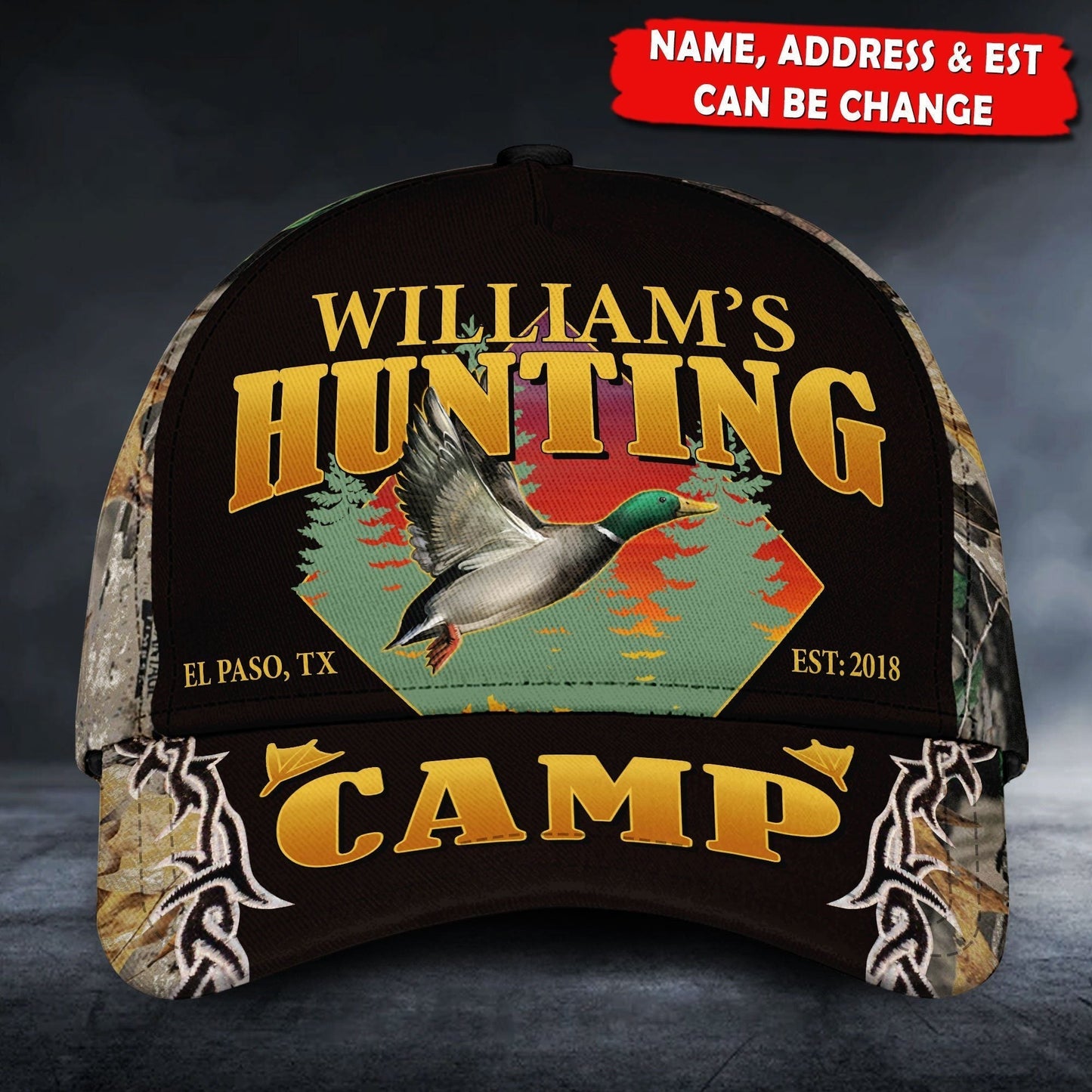 Personalized Name, Addrees, Est Duck Hunting Camp Classic Caps CA0270