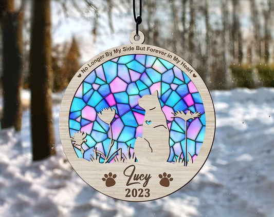 Cat Memorial Suncatcher Ornament, Loss of Pet Sympathy Gift, Handmade Custom Name Cat Decor, Pet Memorial Gift OA0022