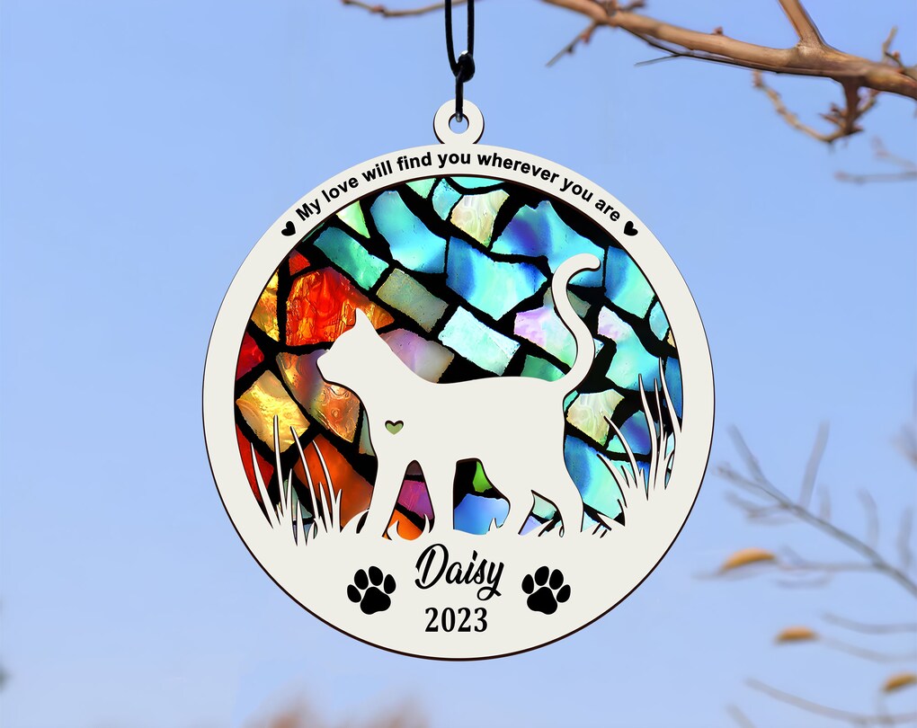 Handmade Custom Name Cat Decor With Memorial Card, Pet Memorial Suncatcher, Loss of Pet Sympathy Gift, Engraved Cat Lovers OA0222