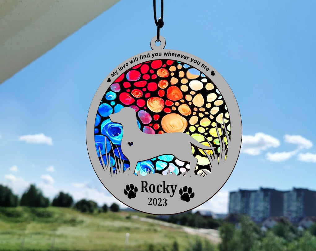 Dog Memorial Suncatcher, Rainbow Bridge, Pet Memorial Suncatcher, Loss of Pet Sympathy Gift, Handmade Custom Name Dog Decor OA0223