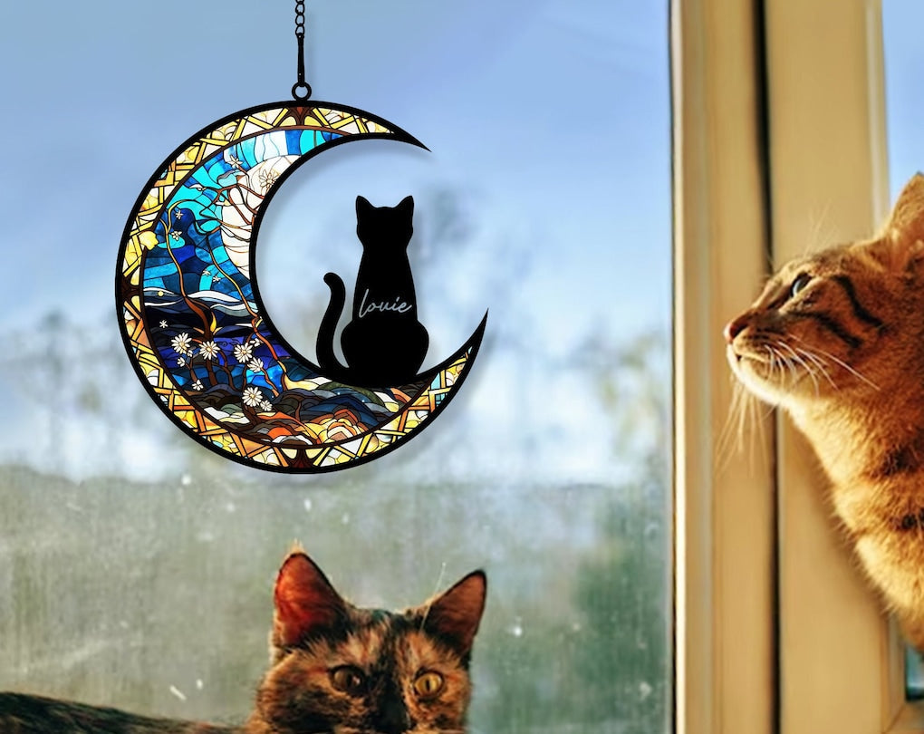 Personalized Sleeping Cat On Moon Acrylic Windows Hangings, Handcrafted Suncatchers, Cat Memorial Gifts, Cat Decoration OA0229