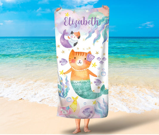Cat Mermaid Towel, Kids Beach Towel, Girls Beach Towels, Girls Mermaid Bath Towels, Magical Mermaid Girls Towels SO0236