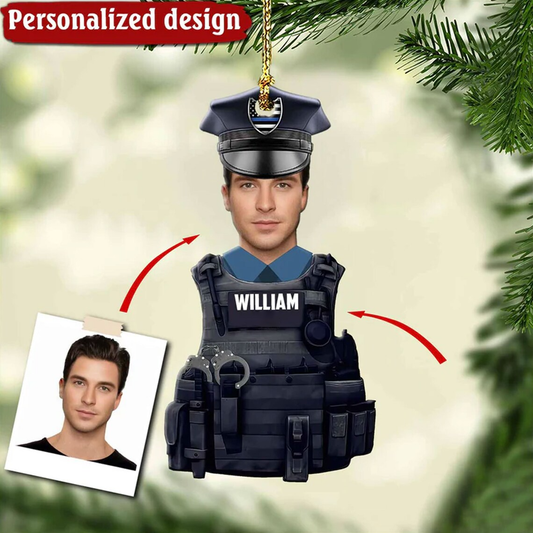 Personalized Photo Police Ornament, Christmas Police Caricature Ornament, Gift For Police Dad, Shape 2-sided Print Acrylic Ornament SO1137