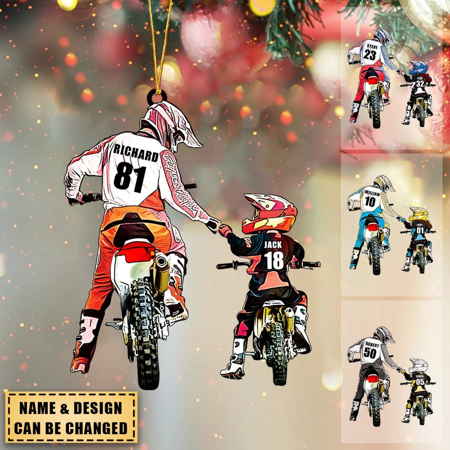 Personalized Dad And Kid Motocross Racer Ornament, Custom Name Dirt Biker Flat Christmas Ornament ON0437