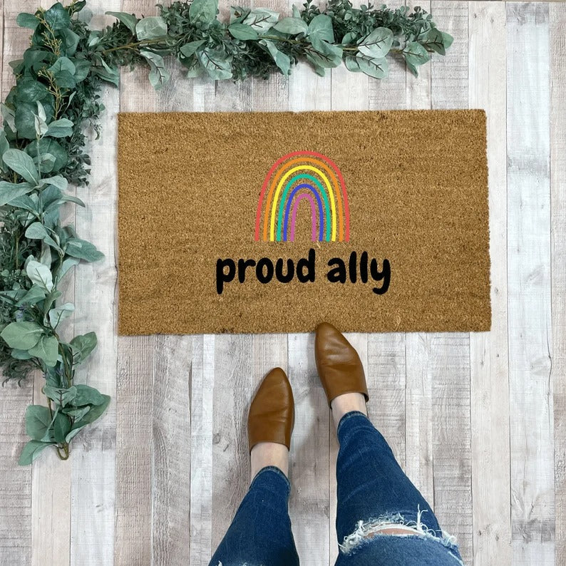 Proud Ally Doormat, Gay Pride Decor Mat, Pride Door Mat, Queer Doormat, All Are Welcome Here, Outdoor Doormat LO1280