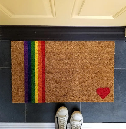 Rainbow Striped Pride Doormat With Heart, Pride Welcome Mat, Rainbow And Heart Outdoor Mat LO1388