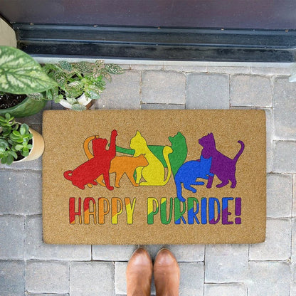 Pride Doormat Happy Purride Colorful Cats Doomat, Happy Cat Kitten Gay Pride Lgbt Month Rainbow Doormat LO1385