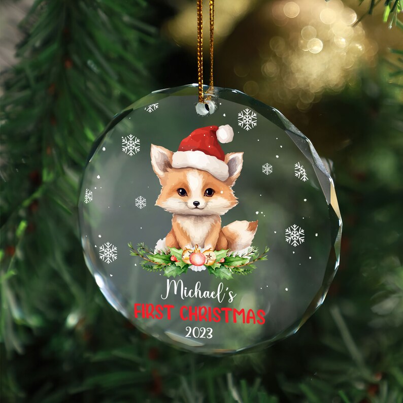 Personalized Baby First Christmas Ornament, Baby Fox Glass Ornament For New Mom Dad Newborn Infant, Fox Ornament, Keepsake Ornament OA0013