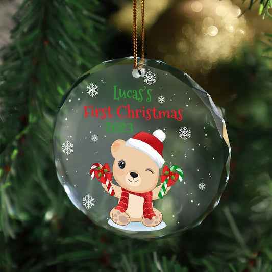 Personalized Bear First Christmas Ornament, Baby Bear Glass Ornament For New Mom Dad Newborn Infant, Christmas Ornament OA0018