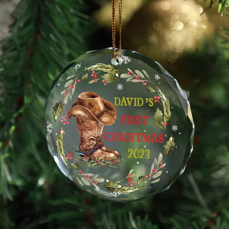 Personalized First Christmas Ornament, Glass Ornament For New Mom Dad Newborn Infant, Christmas Boots Ornament, Keepsake Ornament OA0010