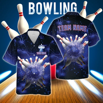 Bowling And Pins Multicolor Options Thunder Lightning Customized Name, Team Name 3D Hawaiian Shirt HO5677