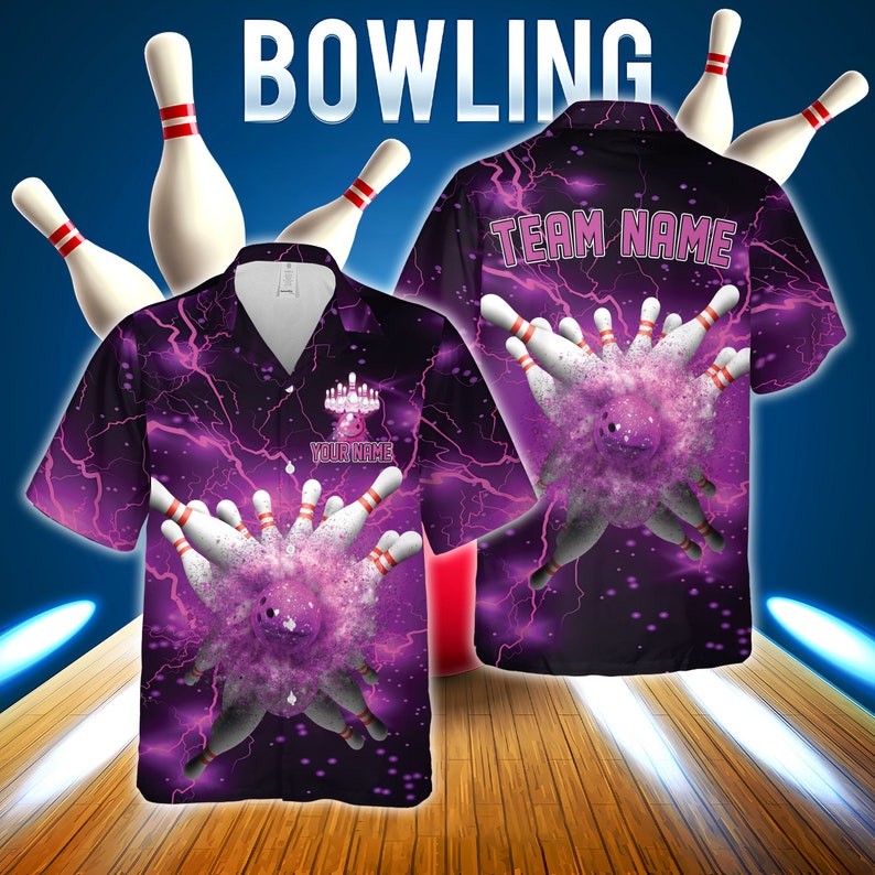 Bowling And Pins Multicolor Options Thunder Lightning Customized Name, Team Name 3D Hawaiian Shirt HO5677