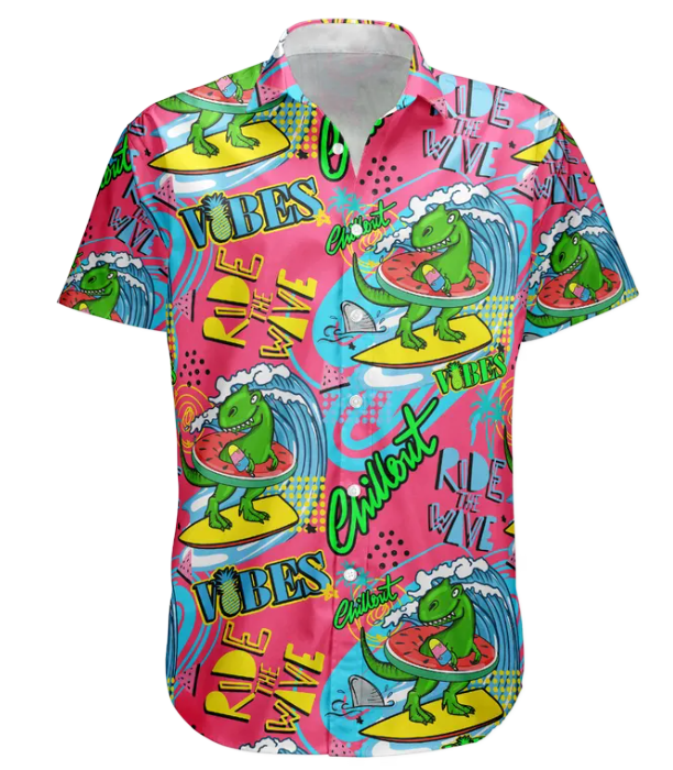 Cool Dinosaur On A Surfboard Ride The Wave - Personalized Photo Hawaiian Shirt HA0076