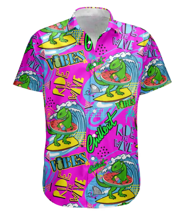 Cool Dinosaur On A Surfboard Ride The Wave - Personalized Photo Hawaiian Shirt HA0076