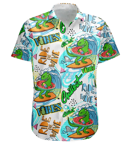 Cool Dinosaur On A Surfboard Ride The Wave - Personalized Photo Hawaiian Shirt HA0076