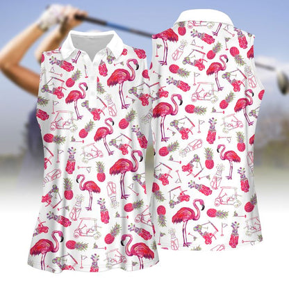 Flamingo And Golf Summer Pattern Women Golf Apparels, Golf Shirts for Women Sleeveless with Collar, Ladies Sleeveless Golf Shirt SO0872