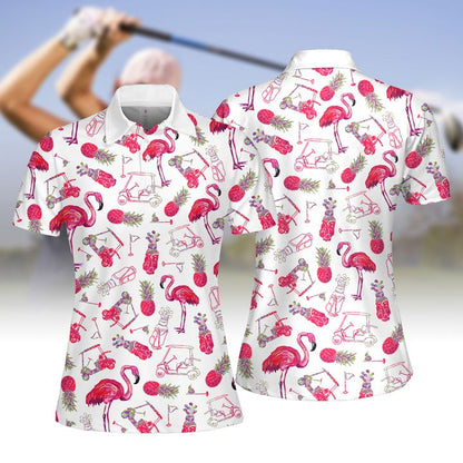 Flamingo And Golf Summer Pattern Women Golf Apparels, Golf Shirts for Women Sleeveless with Collar, Ladies Sleeveless Golf Shirt SO0872