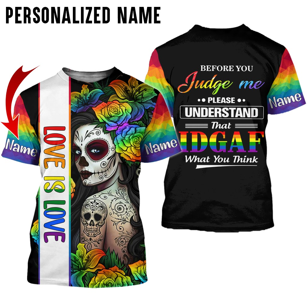 Personalized Skull LGBT 3D Shirt Love Is Love In Rainbow FLower Background, Pride Month 3D Shirt LO0643