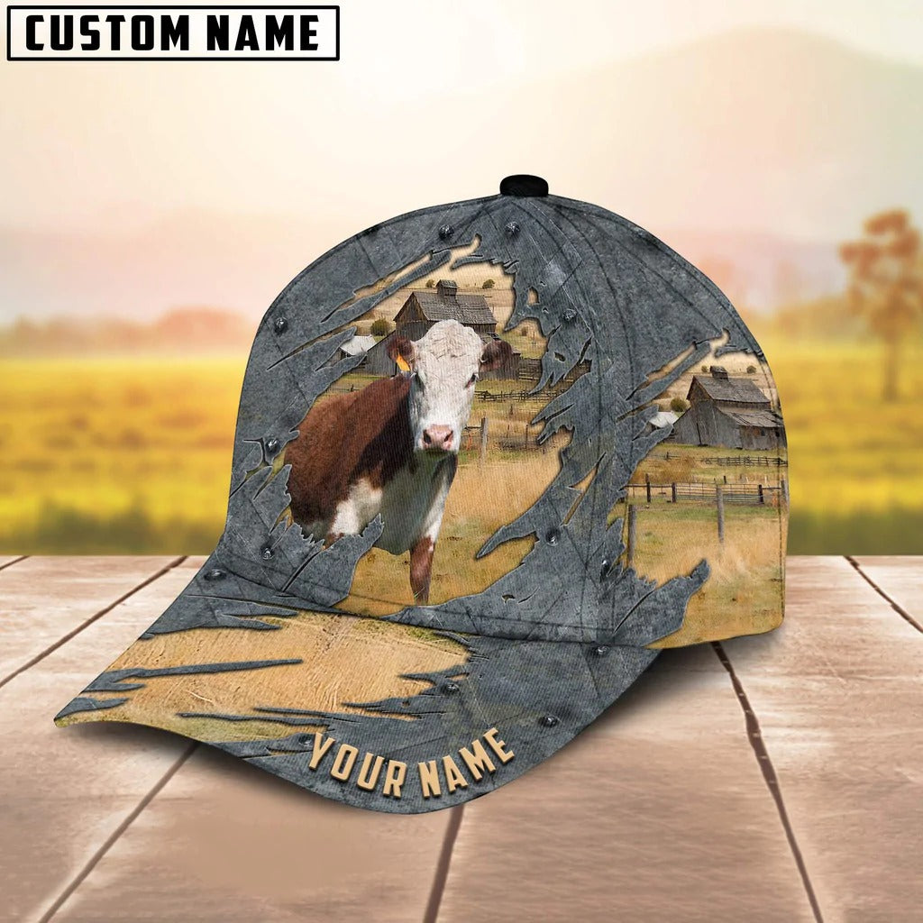 Personalized Name Hereford Cap Hat For Dad, Farm Cap Hat, Baseball Cow Hat CO1056