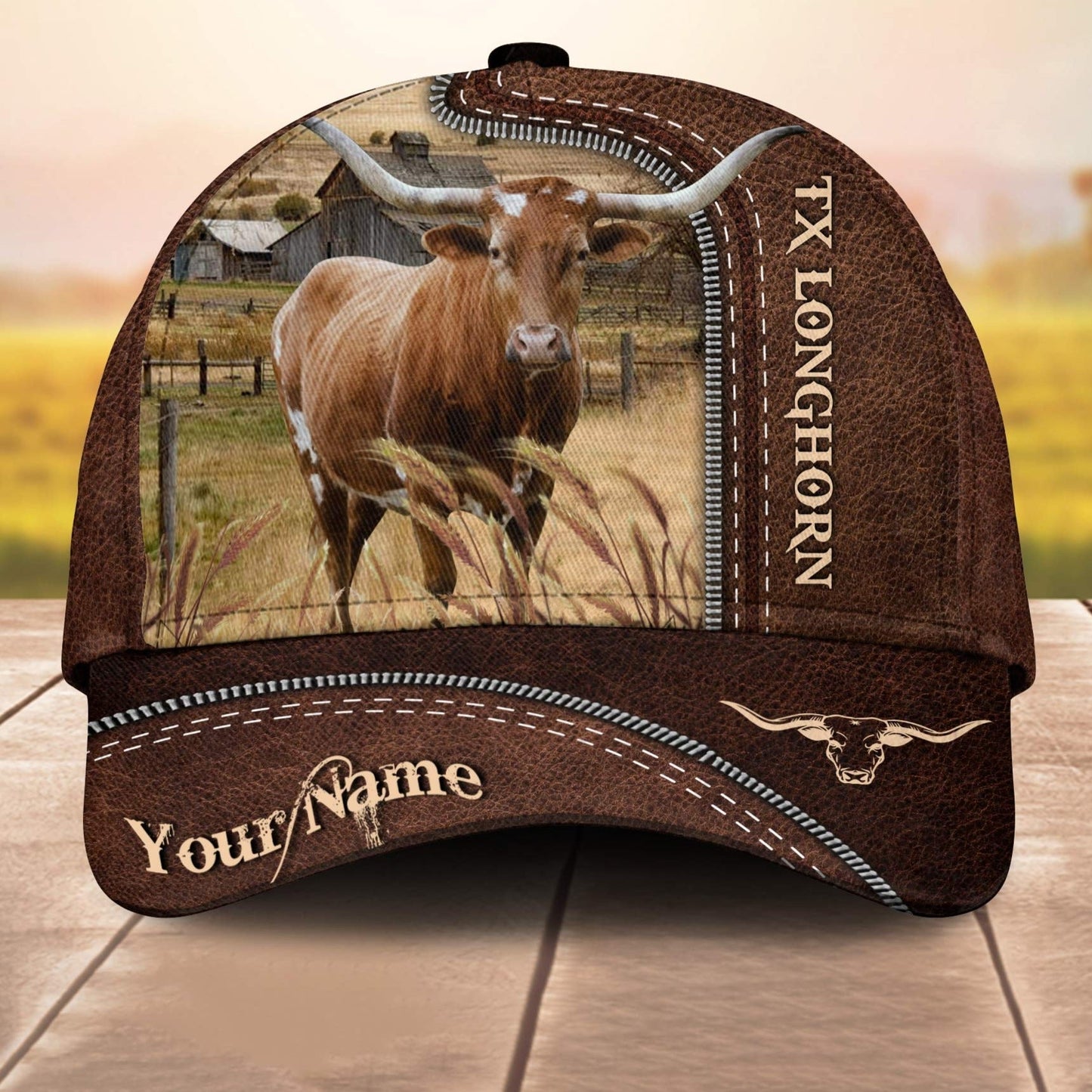 Texas Longhorn Customized Name Leather Paern 3D Cap 3D All Over Print Baseball Cap, Cap For Farm Lovers, Animal Cap, Leather Pattern Cap CA3127