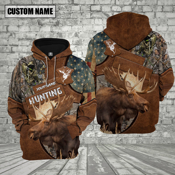 Moose Hunting Camo Custom Name 3D Hoodie, Personalized American Flag Moose Hunting Shirt 3D0005