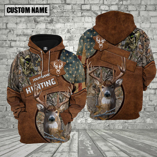 Deer Hunting Camo Custom Name Hoodie, Personalized American Flag Deer Hunting Shirt 3D0004