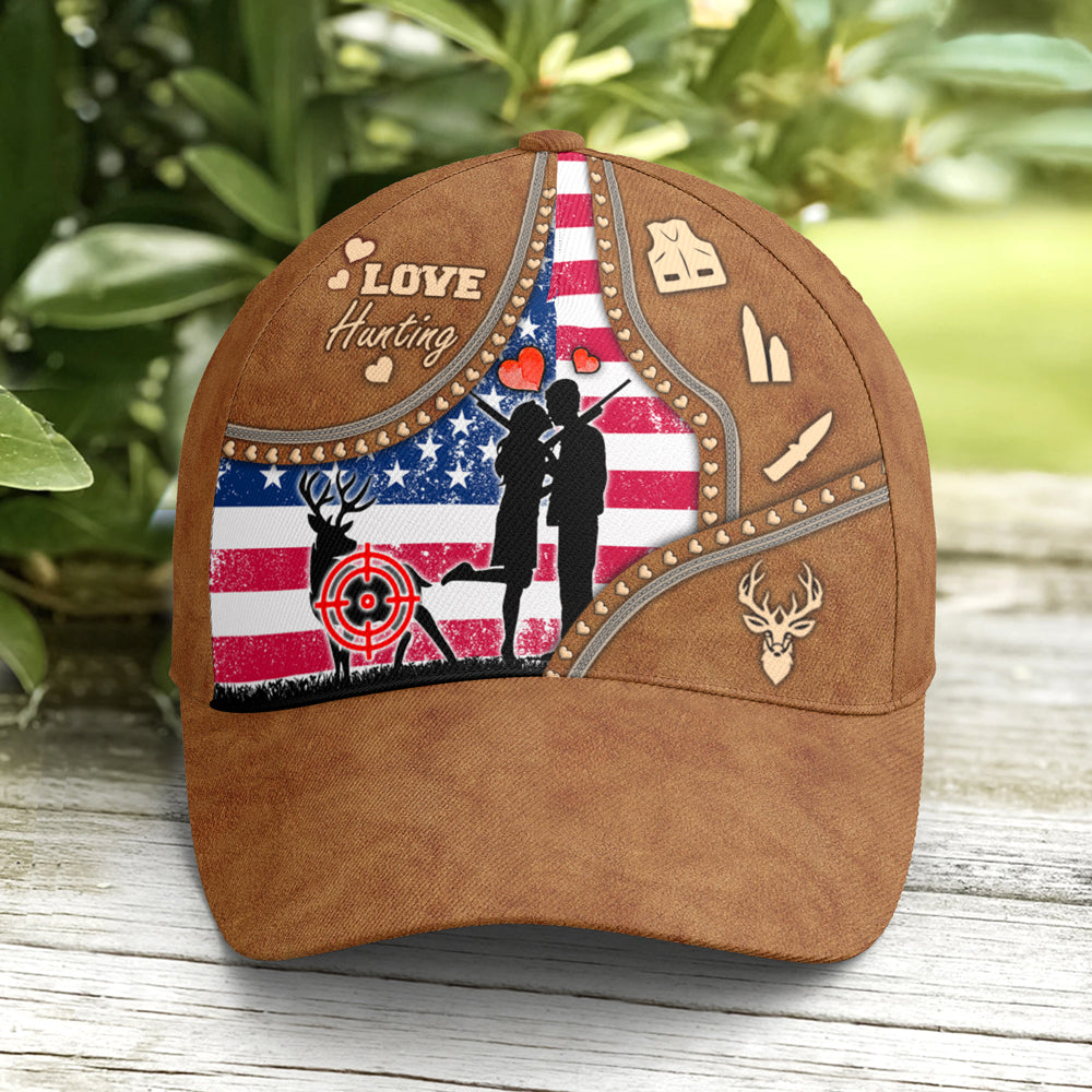 Couple Love Hunting American Flag Leather Style Baseball Cap Lasfour CO0779