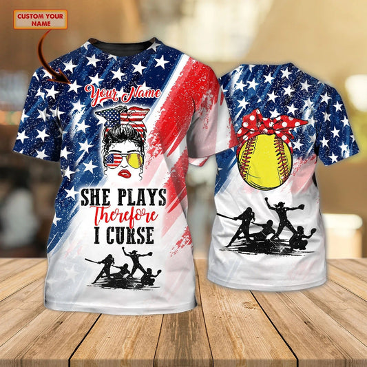 Personalized Funny Baseball Shirt American Flag Pattern, She Plays Therefore I Cruse, Baseball Mom TO2499