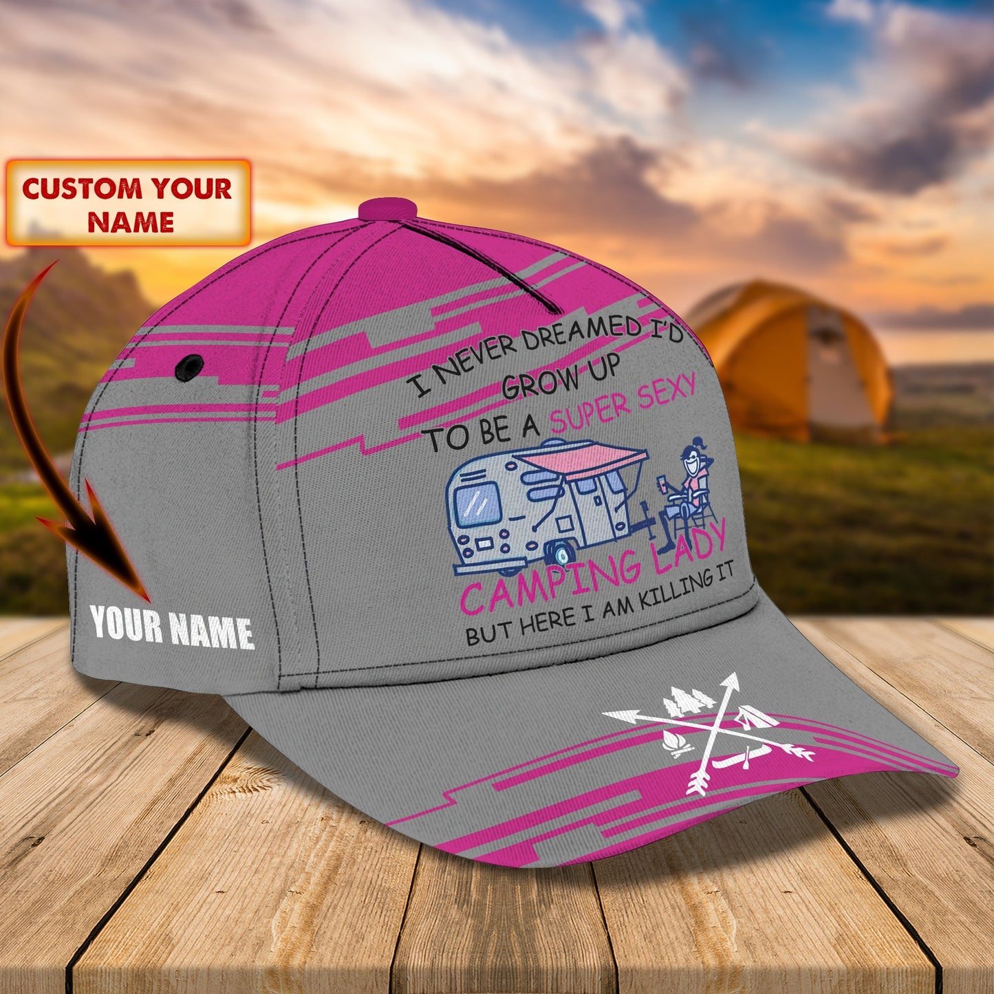 3D Classic Cap Camping Lady Personalized Name Cap Lasfour CA0973