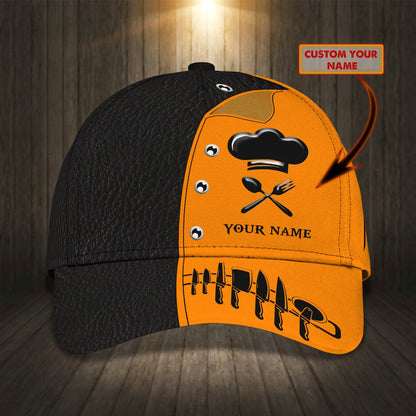 3D Classic Cap Chef Personalized Name Cap Cook 3D Cap Black & Orange Lasfour CA2348