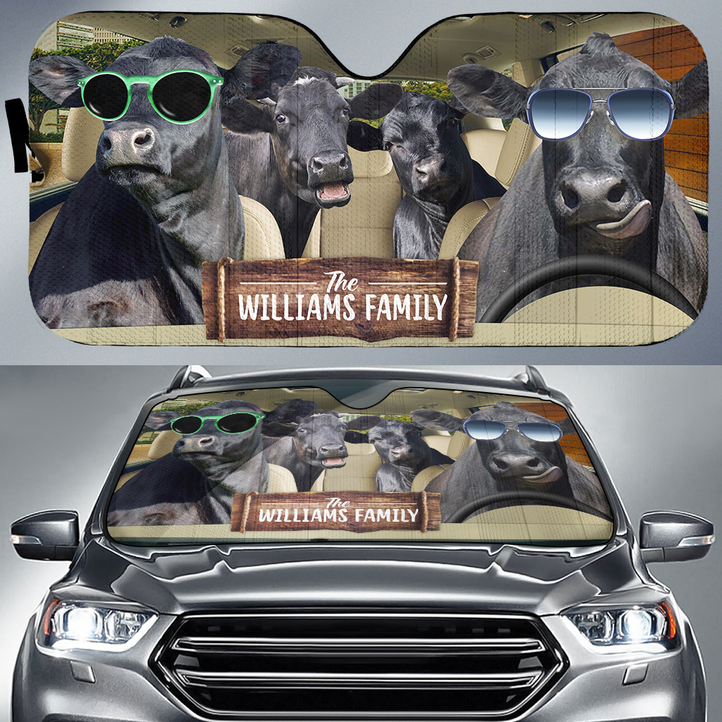 Personalized Name Black Angus Car Sun Shade Windshield, Farm Animal Lover Auto Sunshade SO0375