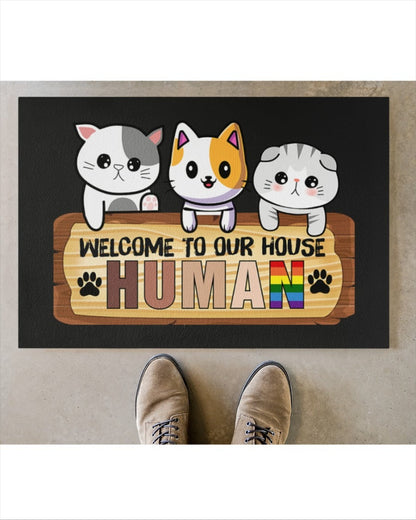 Human Doormat, Welcome To Our House Pride Mat, Lgbt Cat Lover Door Mat, Lesbian Gifts LO1264