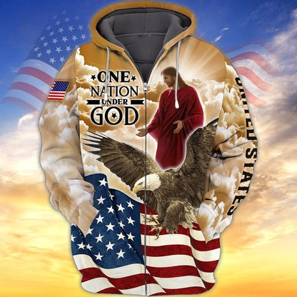 4Th Of July One Nation Under God 3D T Shirt, Independence Day Hawaiian Shirts, Jesu And Eagle 3D Shirts TO0217